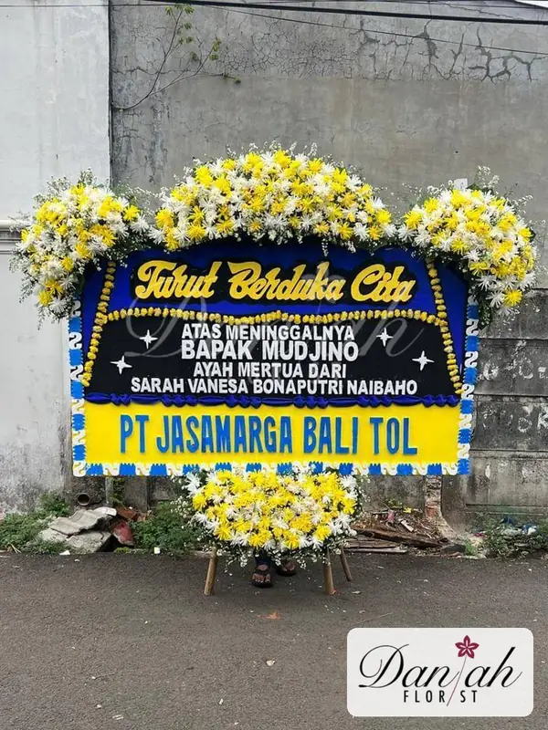 Bunga Papan Duka Cita Tiga Mahkota Navy Kuning DK-13 - Daniah Florist Jabodetabek dan Karawang