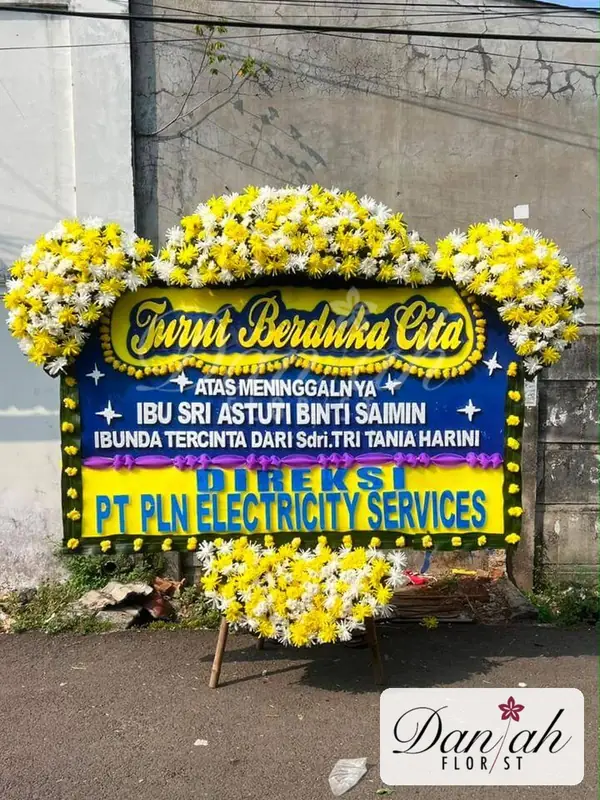 Bunga Papan Duka Cita Tiga Mahkota Biru Kuning DK-09 - Daniah Florist Jabodetabek dan Karawang